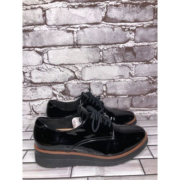 Clarks Unstructured Black Patent Leather Platform Lace Shoes Women Sz 8M US/39EU - Picture 5 of 16
